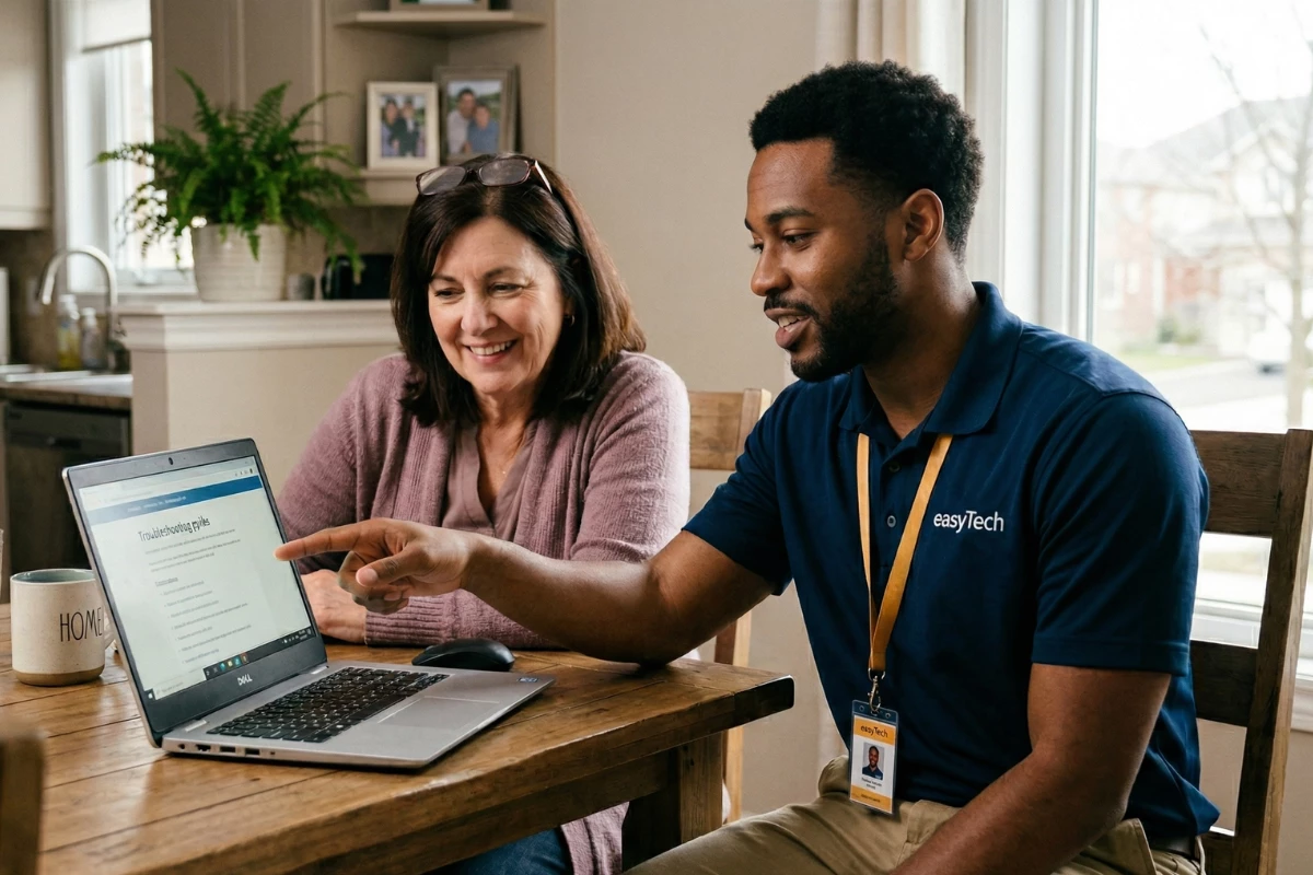 An easyTech Durham technician sitting with a customer at her kitchen table, helping her with a laptop