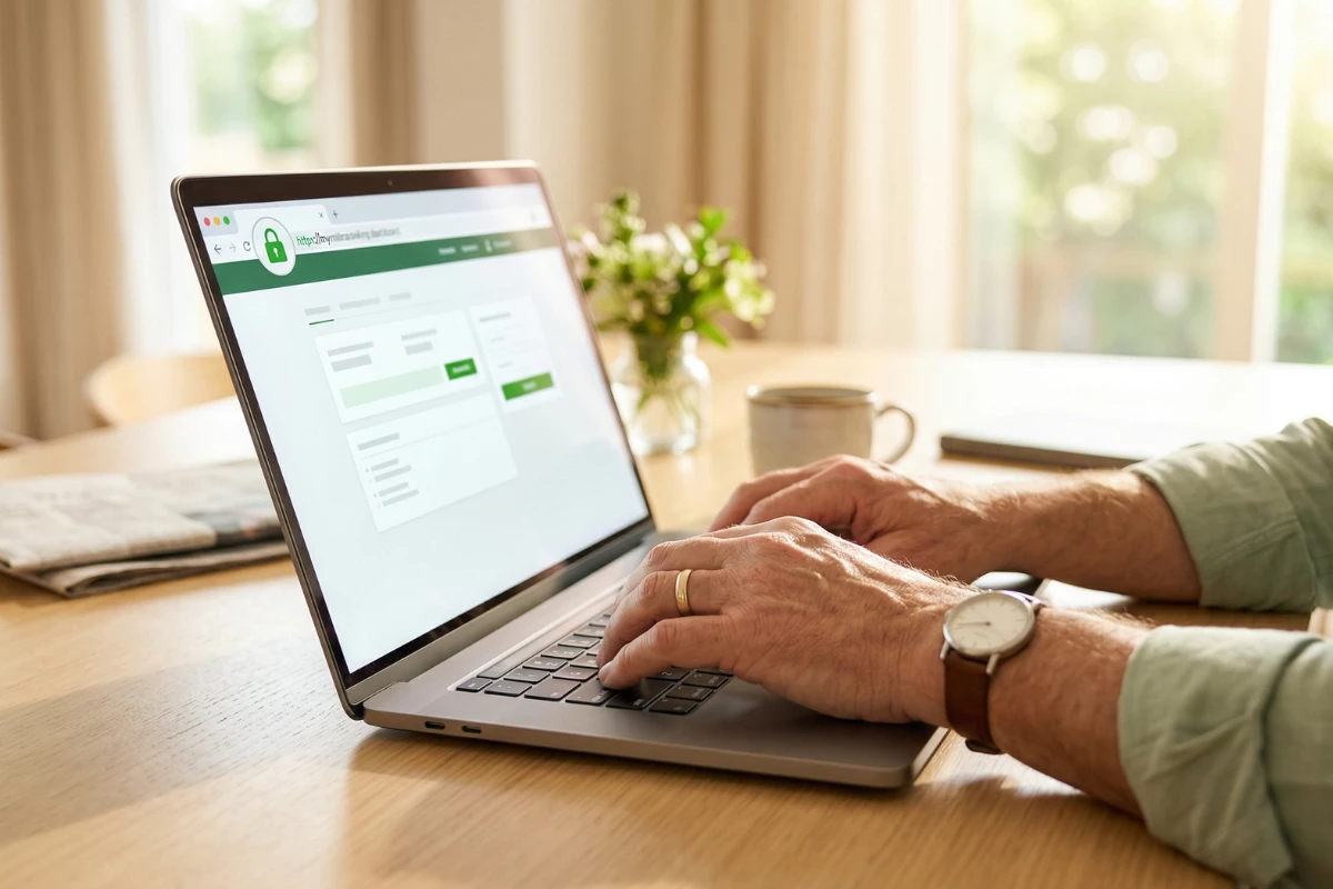 A person using a laptop showing a secure website, with a coffee cup and flowers visible in a warm home setting