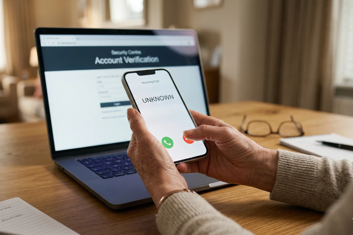 A person holding a phone showing an unknown caller while an account verification screen appears on a laptop in the background