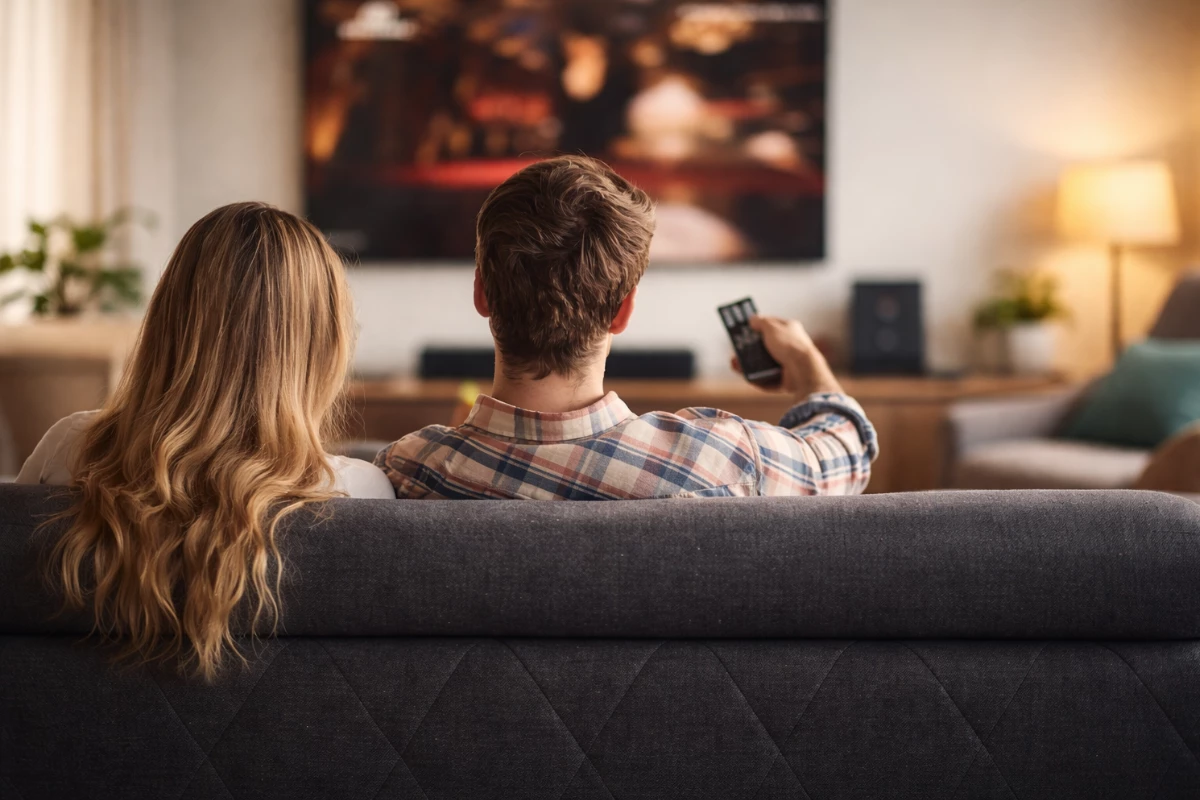 A couple relaxing on a sofa watching a large smart TV in a warm living room